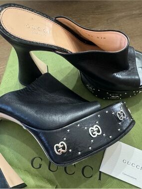 Gucci Black Leather Platform Mule Clogs with Silver GG Stud Accents